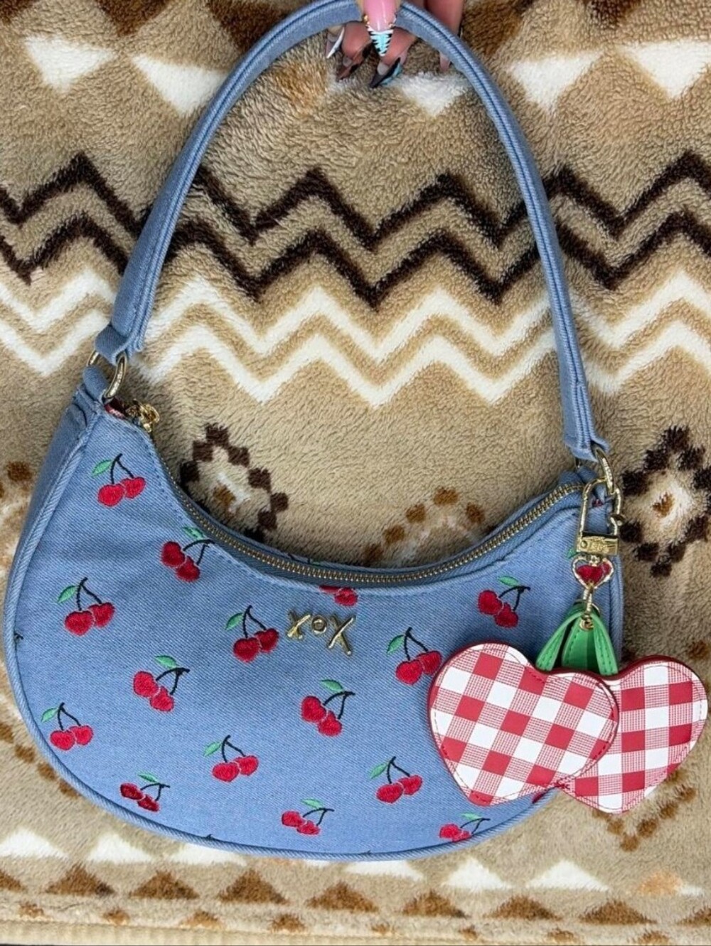 Betsey Johnson Denim Cherry Crescent Shoulder Bag